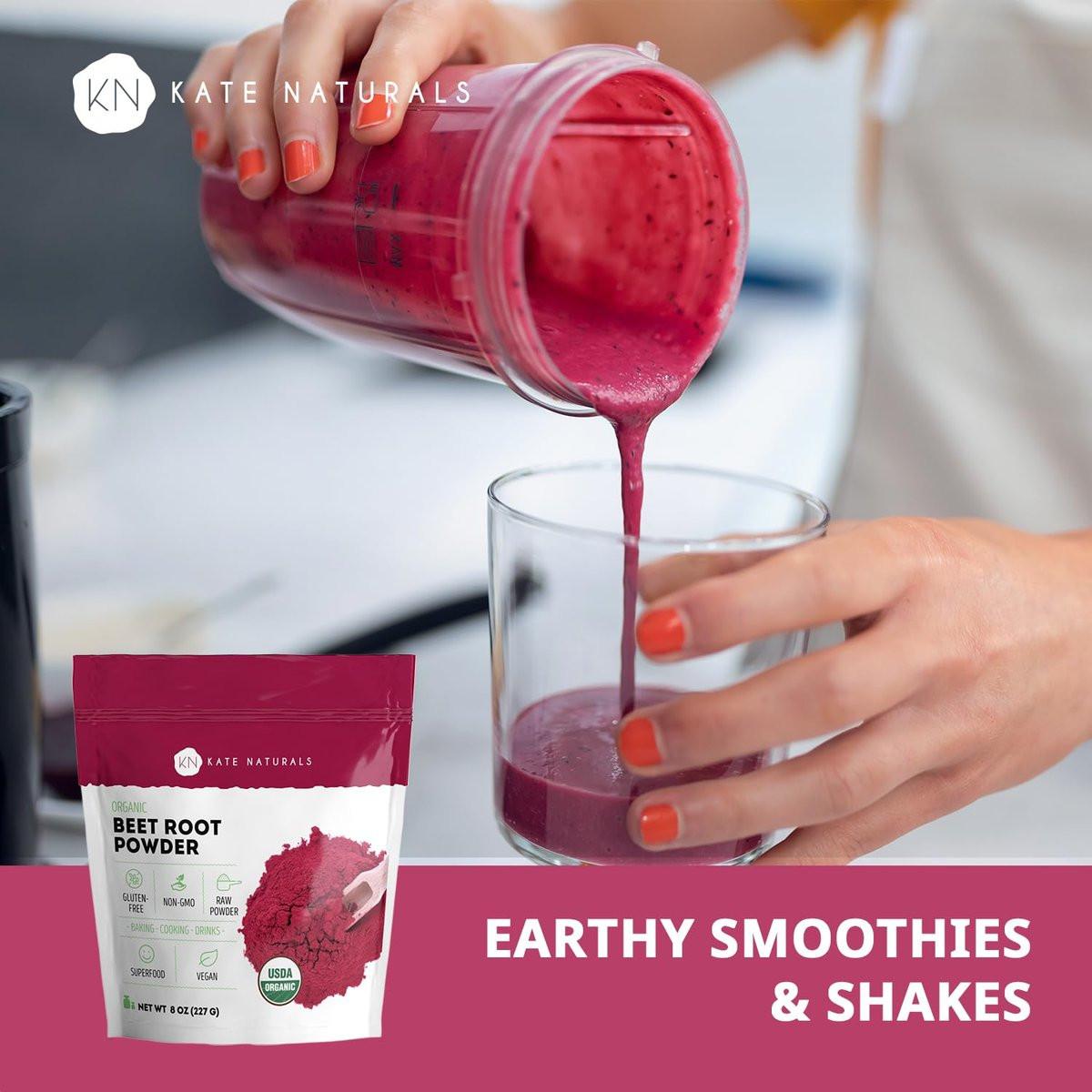 Kate Naturals Bio Rote Bete Pulver für Smoothies, Backen & Saft. Rohes Rote-Bete-Superfood & natürliche rote Lebensmittelfarbe (227 g, ohne Gentechnik, erdiger Geschmack)