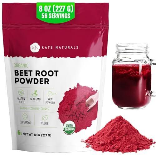 Kate Naturals Bio Rote Bete Pulver für Smoothies, Backen & Saft. Rohes Rote-Bete-Superfood & natürliche rote Lebensmittelfarbe (227 g, ohne Gentechnik, erdiger Geschmack)