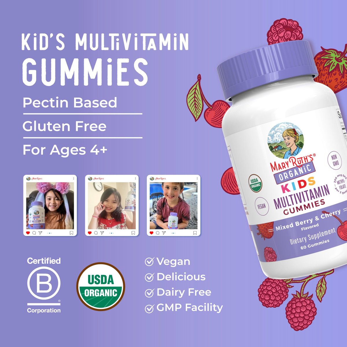 MARYRUTH'S Kinder-Vitamine | Multivitamin Gummis für Kinder ab 4 Jahren | Vegan | 60 Stück (1 Monatsvorrat)