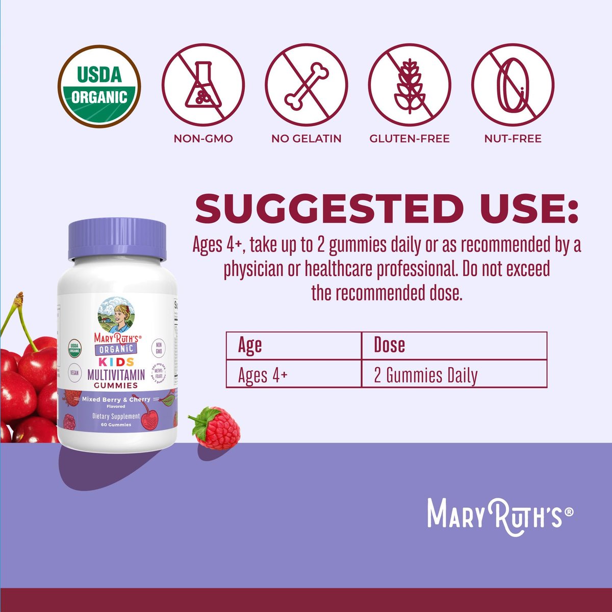 MARYRUTH'S Kinder-Vitamine | Multivitamin Gummis für Kinder ab 4 Jahren | Vegan | 60 Stück (1 Monatsvorrat)