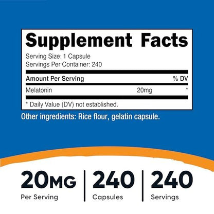 Nutricost Melatonin 20mg – 240 Kapseln, Non-GMO & Glutenfrei – Hochdosiertes Schlafmittel