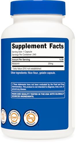 Nutricost Melatonin 20mg – 240 Kapseln, Non-GMO & Glutenfrei – Hochdosiertes Schlafmittel