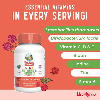 MARYRUTH'S Bio Kindermultivitamin Gummis mit Postbiotika | Vegane, zuckerfreie Gummibärchen für Kinder ab 4 Jahren | 60 Stück