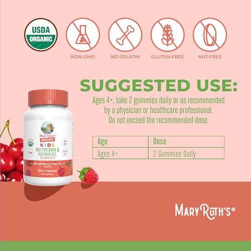 MARYRUTH'S Bio Kindermultivitamin Gummis mit Postbiotika | Vegane, zuckerfreie Gummibärchen für Kinder ab 4 Jahren | 60 Stück