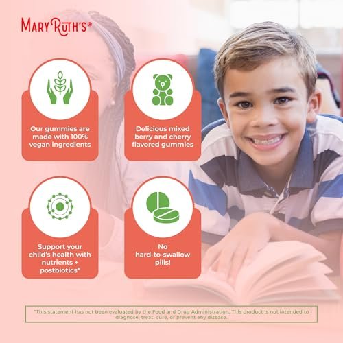 MARYRUTH'S Bio Kindermultivitamin Gummis mit Postbiotika | Vegane, zuckerfreie Gummibärchen für Kinder ab 4 Jahren | 60 Stück