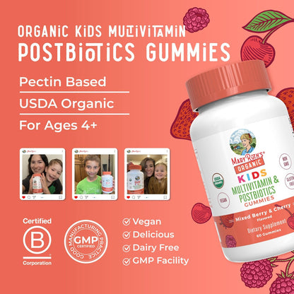 MARYRUTH'S Bio Kindermultivitamin Gummis mit Postbiotika | Vegane, zuckerfreie Gummibärchen für Kinder ab 4 Jahren | 60 Stück