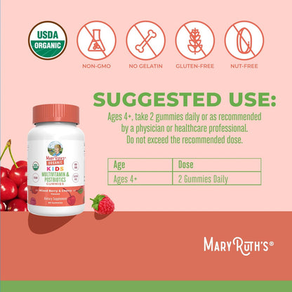 MARYRUTH'S Bio Kindermultivitamin Gummis mit Postbiotika | Vegane, zuckerfreie Gummibärchen für Kinder ab 4 Jahren | 60 Stück