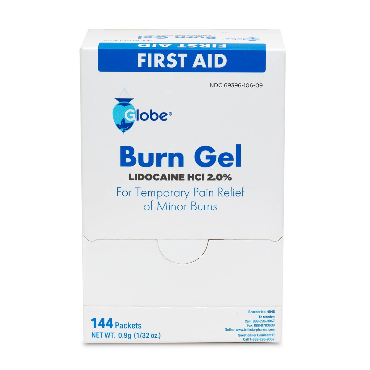 Globe First Aid Burn Gel mit Aloe 0,9g Beutel (Box mit 144 Stück) - Erste Hilfe Gel zur vorübergehenden Linderung von leichten Verbrennungen, Schnitten und Schürfwunden