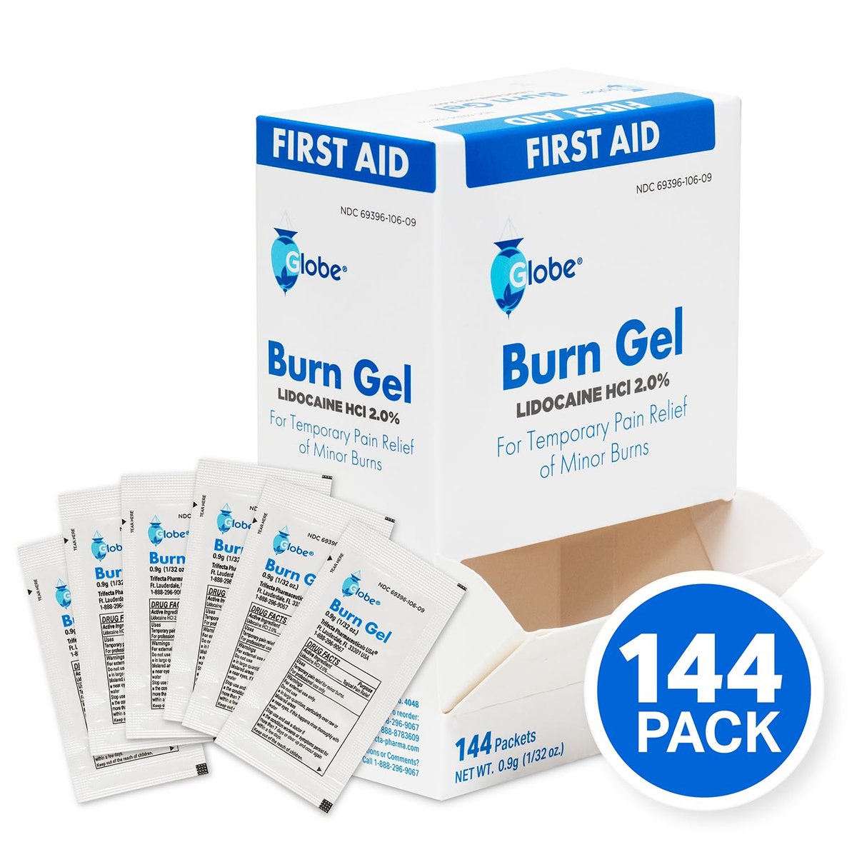 Globe First Aid Burn Gel mit Aloe 0,9g Beutel (Box mit 144 Stück) - Erste Hilfe Gel zur vorübergehenden Linderung von leichten Verbrennungen, Schnitten und Schürfwunden