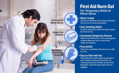 Globe First Aid Burn Gel mit Aloe 0,9g Beutel (Box mit 144 Stück) - Erste Hilfe Gel zur vorübergehenden Linderung von leichten Verbrennungen, Schnitten und Schürfwunden