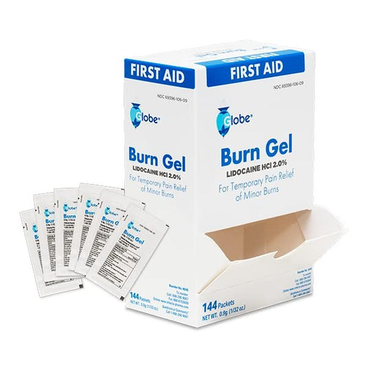 Globe First Aid Burn Gel mit Aloe 0,9g Beutel (Box mit 144 Stück) - Erste Hilfe Gel zur vorübergehenden Linderung von leichten Verbrennungen, Schnitten und Schürfwunden