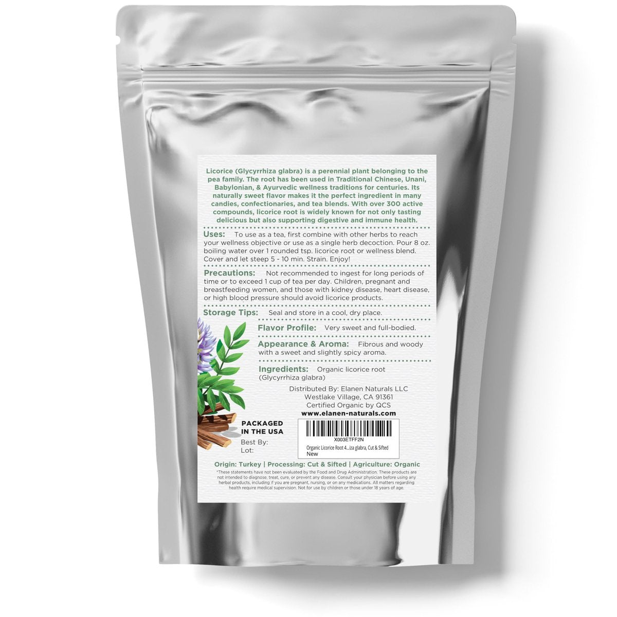 Elanen Naturals Bio Süßholzwurzel 113 g (4 oz) – USDA Bio-zertifiziert, geschnitten & gesiebt, Glycyrrhiza glabra