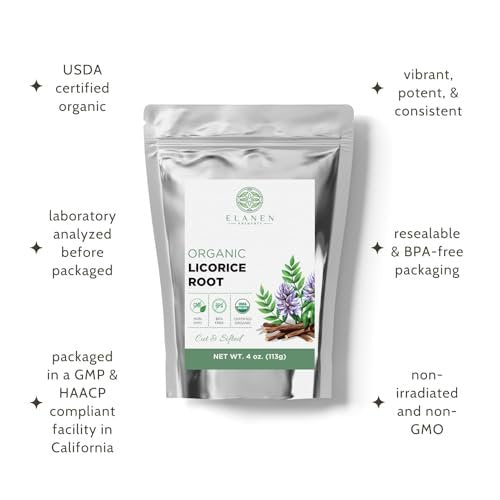 Elanen Naturals Bio Süßholzwurzel 113 g (4 oz) – USDA Bio-zertifiziert, geschnitten & gesiebt, Glycyrrhiza glabra