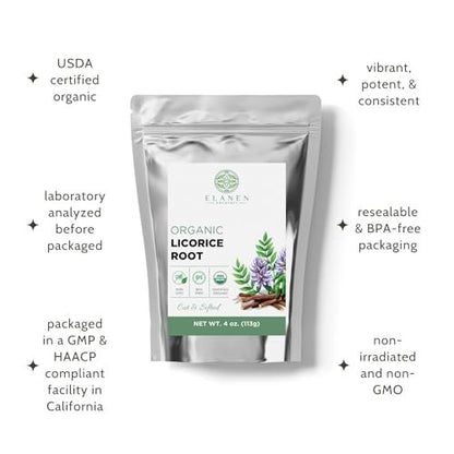 Elanen Naturals Bio Süßholzwurzel 113 g (4 oz) – USDA Bio-zertifiziert, geschnitten & gesiebt, Glycyrrhiza glabra