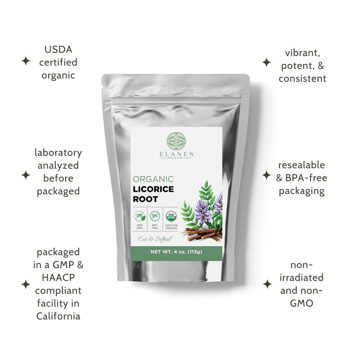 Elanen Naturals Bio Süßholzwurzel 113 g (4 oz) – USDA Bio-zertifiziert, geschnitten & gesiebt, Glycyrrhiza glabra