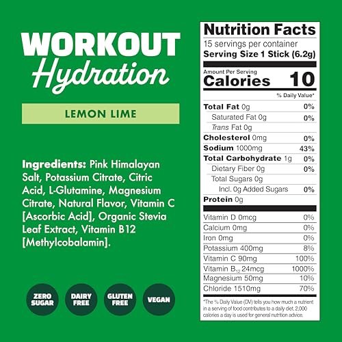 Waterboy Workout Hydration | 2.960 mg Elektrolyt-Pulver-Packungen ohne Zucker | L-Glutamin + Vitamine | Kein Zucker, natürlich, glutenfrei | 15 Trinkmisch-Sticks (Zitrone-Limette)