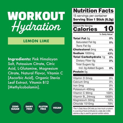 Waterboy Workout Hydration | 2.960 mg Elektrolyt-Pulver-Packungen ohne Zucker | L-Glutamin + Vitamine | Kein Zucker, natürlich, glutenfrei | 15 Trinkmisch-Sticks (Zitrone-Limette)