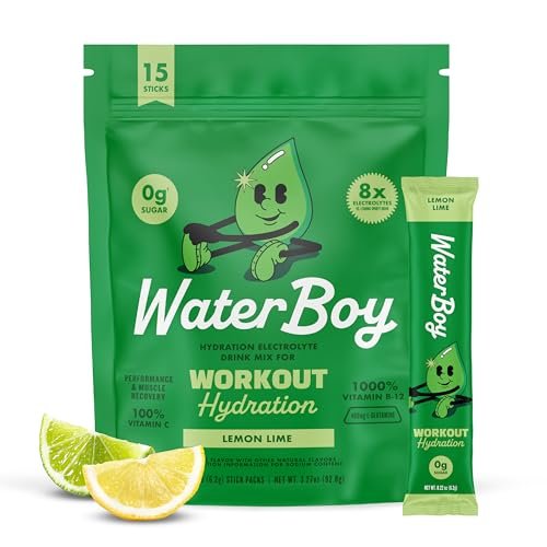 Waterboy Workout Hydration | 2.960 mg Elektrolyt-Pulver-Packungen ohne Zucker | L-Glutamin + Vitamine | Kein Zucker, natürlich, glutenfrei | 15 Trinkmisch-Sticks (Zitrone-Limette)
