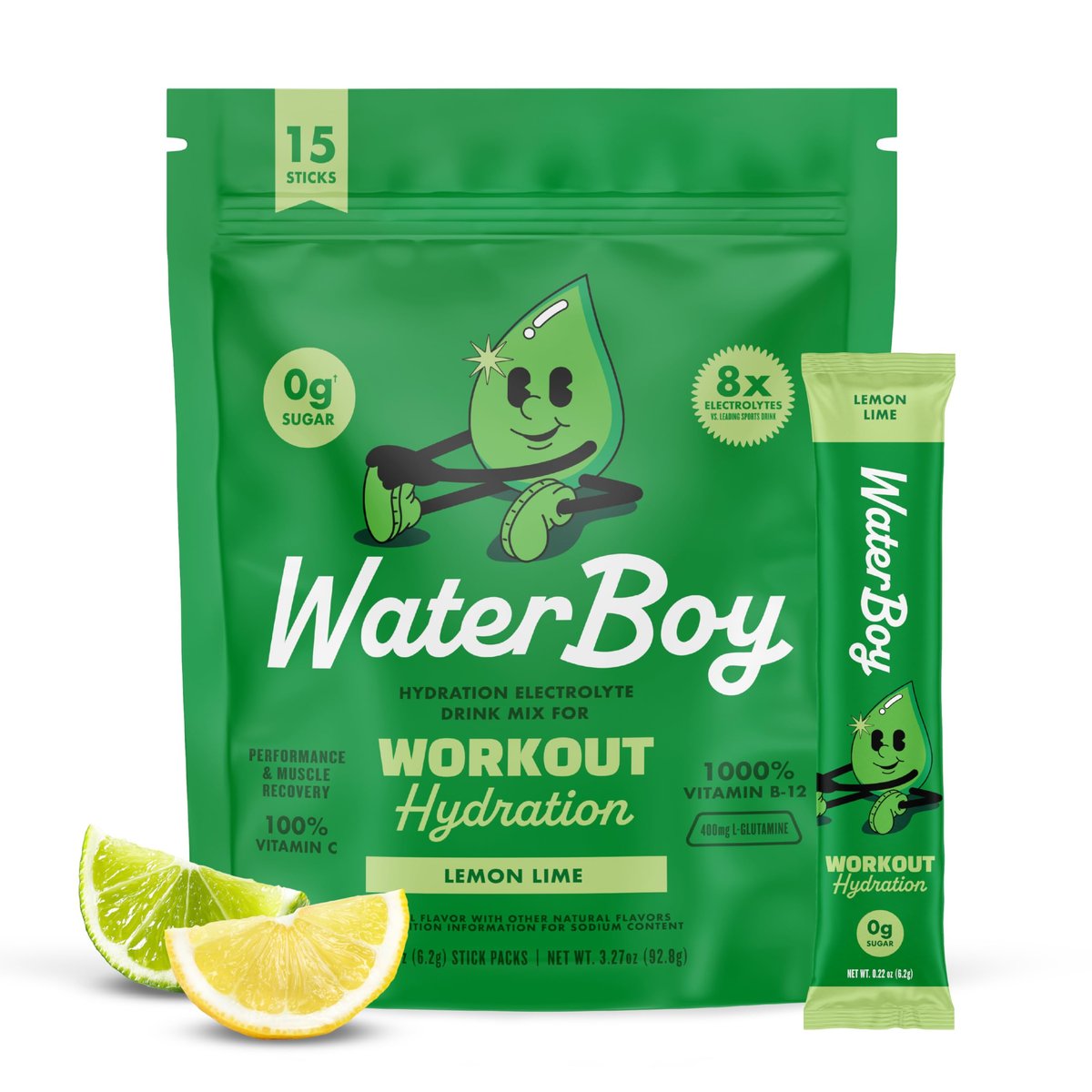 Waterboy Workout Hydration | 2.960 mg Elektrolyt-Pulver-Packungen ohne Zucker | L-Glutamin + Vitamine | Kein Zucker, natürlich, glutenfrei | 15 Trinkmisch-Sticks (Zitrone-Limette)