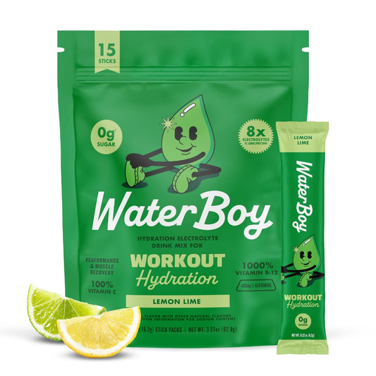 Waterboy Workout Hydration | 2.960 mg Elektrolyt-Pulver-Packungen ohne Zucker | L-Glutamin + Vitamine | Kein Zucker, natürlich, glutenfrei | 15 Trinkmisch-Sticks (Zitrone-Limette)