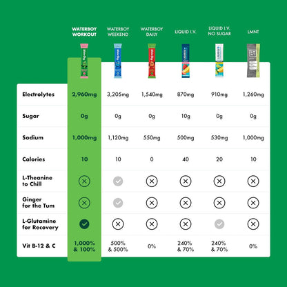 Waterboy Workout Hydration | 2.960 mg Zuckerfreie Elektrolyt-Pulver-Päckchen | L-Glutamin + Vitamine | Kein Zucker, Natürlich, Glutenfrei | 15 Trinkmischungen (Erdbeer-Limonade)