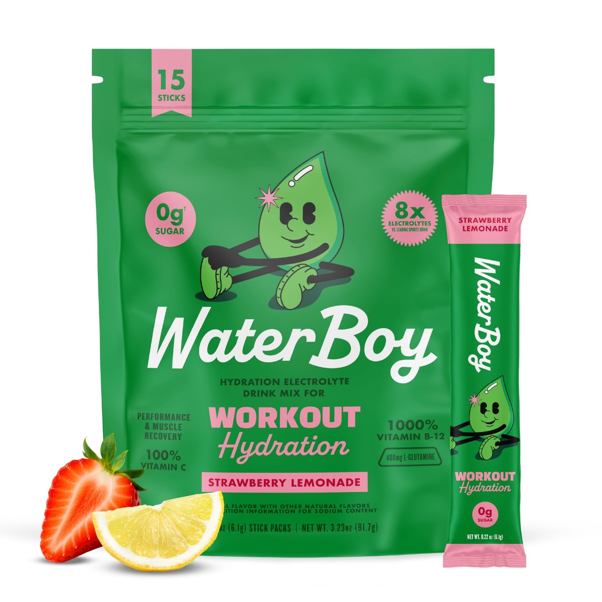 Waterboy Workout Hydration | 2.960 mg Zuckerfreie Elektrolyt-Pulver-Päckchen | L-Glutamin + Vitamine | Kein Zucker, Natürlich, Glutenfrei | 15 Trinkmischungen (Erdbeer-Limonade)
