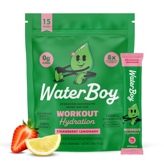 Waterboy Workout Hydration | 2.960 mg Zuckerfreie Elektrolyt-Pulver-Päckchen | L-Glutamin + Vitamine | Kein Zucker, Natürlich, Glutenfrei | 15 Trinkmischungen (Erdbeer-Limonade)
