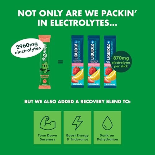 Waterboy Workout Hydration | 2.960 mg Elektrolyt-Pulver-Packungen ohne Zucker | L-Glutamin + Vitamine | Kein Zucker, natürlich, glutenfrei | 15 Trinkmisch-Sticks (Zitrone-Limette)