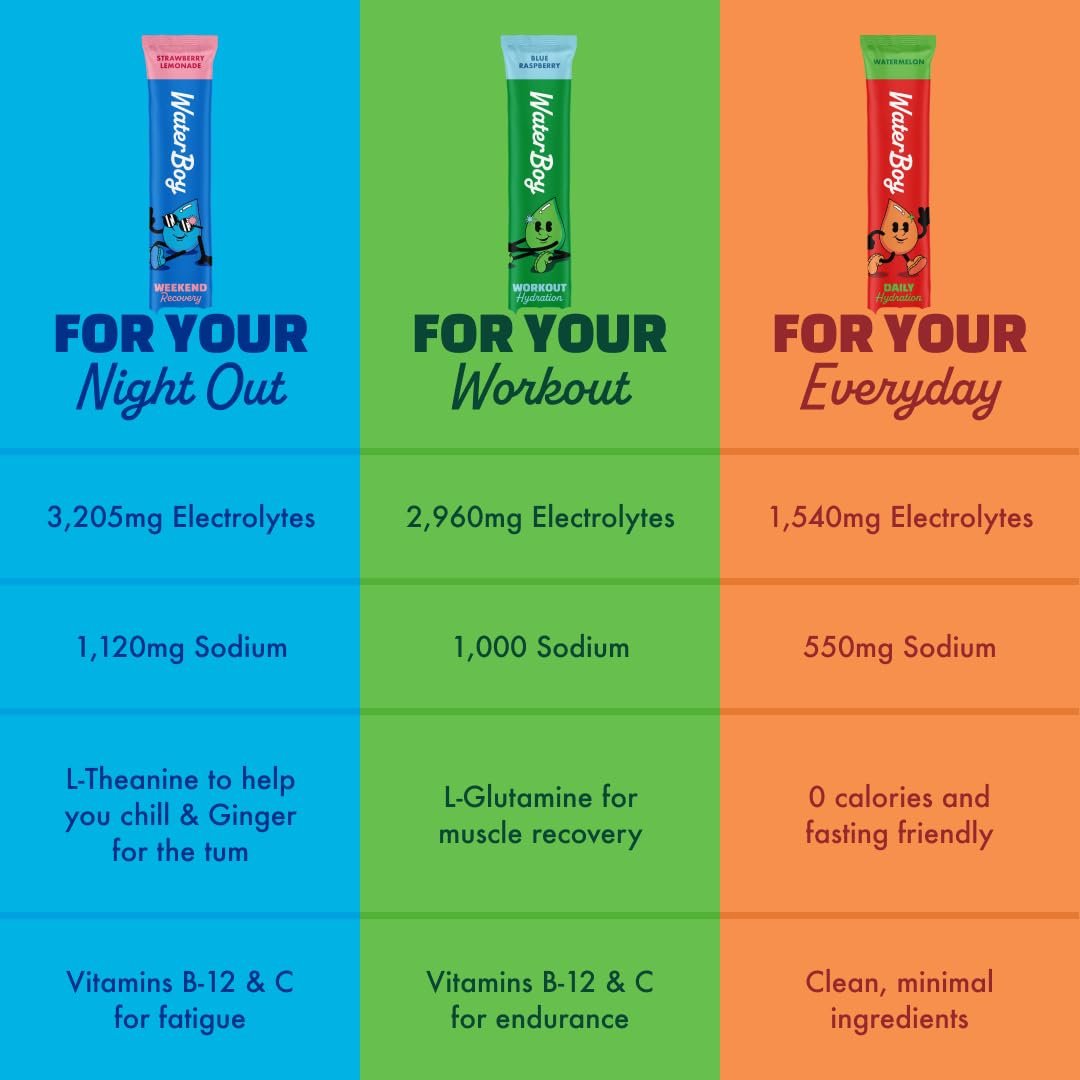 Waterboy Workout Hydration | 2.960 mg Elektrolyt-Pulver-Packungen ohne Zucker | L-Glutamin + Vitamine | Kein Zucker, natürlich, glutenfrei | 15 Trinkmisch-Sticks (Zitrone-Limette)