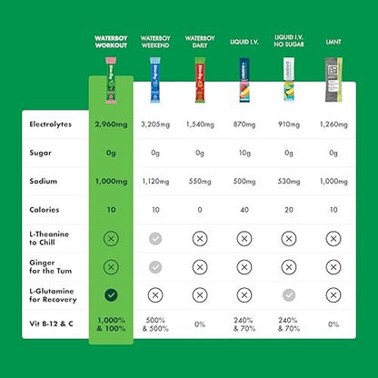 Waterboy Workout Hydration | 2.960 mg Zuckerfreie Elektrolyt-Pulver-Päckchen | L-Glutamin + Vitamine | Kein Zucker, Natürlich, Glutenfrei | 15 Trinkmischungen (Erdbeer-Limonade)
