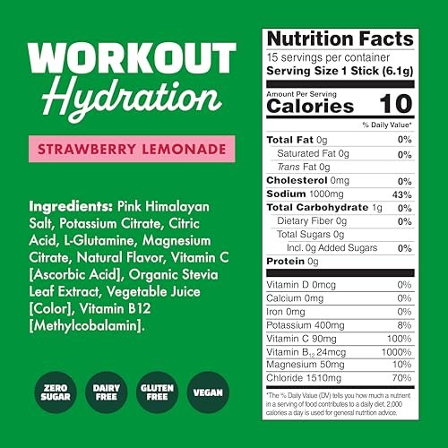 Waterboy Workout Hydration | 2.960 mg Zuckerfreie Elektrolyt-Pulver-Päckchen | L-Glutamin + Vitamine | Kein Zucker, Natürlich, Glutenfrei | 15 Trinkmischungen (Erdbeer-Limonade)