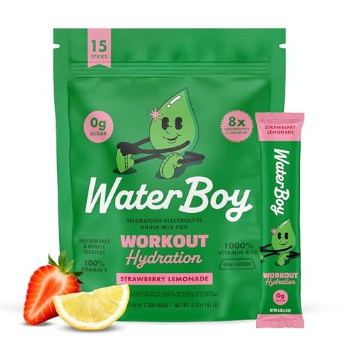 Waterboy Workout Hydration | 2.960 mg Zuckerfreie Elektrolyt-Pulver-Päckchen | L-Glutamin + Vitamine | Kein Zucker, Natürlich, Glutenfrei | 15 Trinkmischungen (Erdbeer-Limonade)
