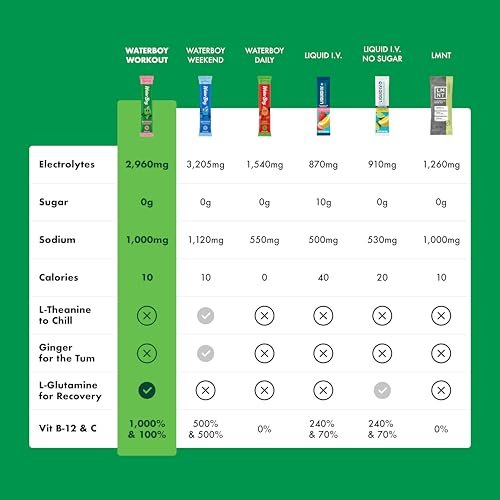 Waterboy Workout Hydration | 2.960 mg Elektrolyt-Pulver-Packungen ohne Zucker | L-Glutamin + Vitamine | Kein Zucker, natürlich, glutenfrei | 15 Trinkmisch-Sticks (Zitrone-Limette)