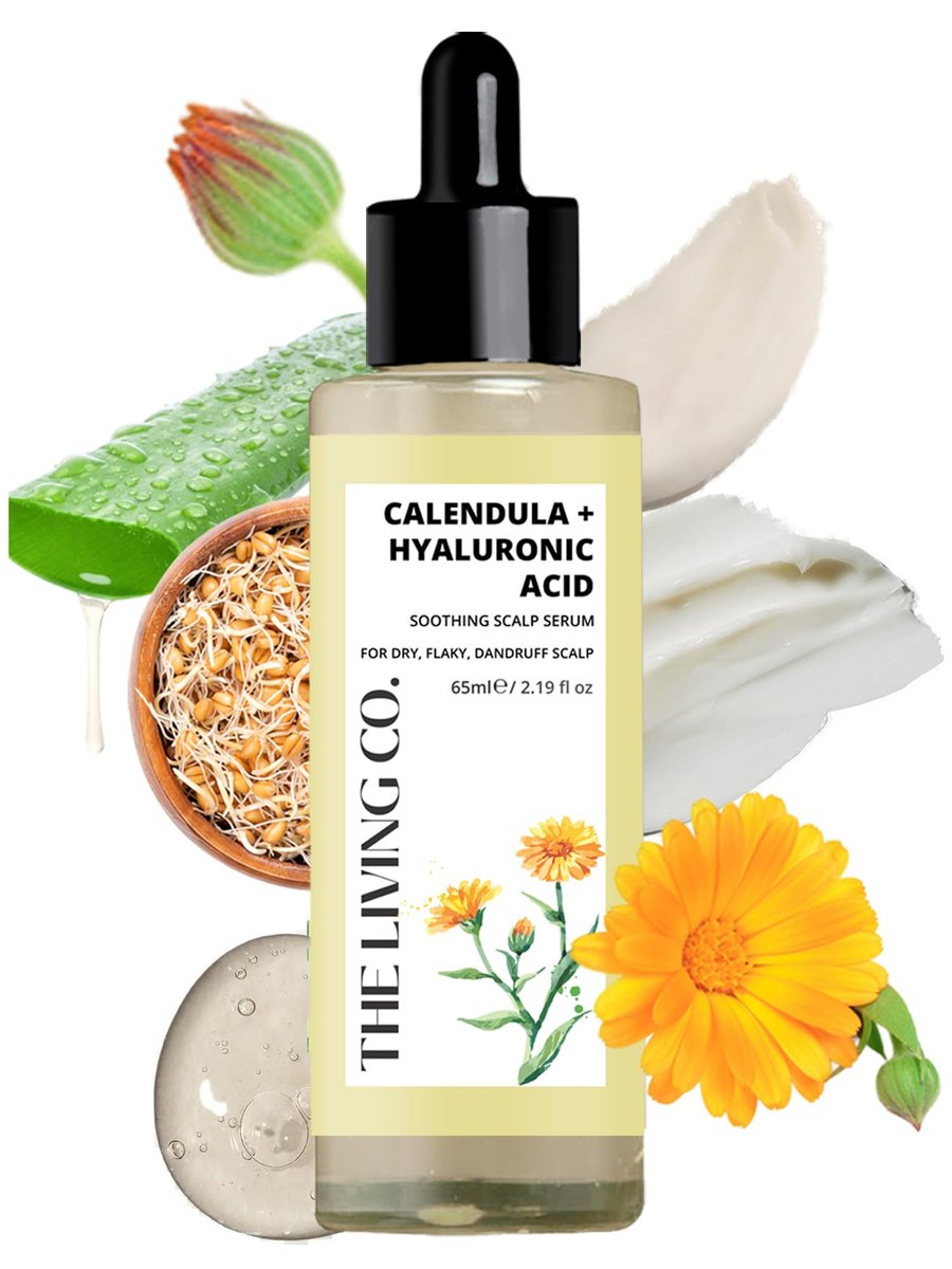THE LIVING CO. Calendula + Hyaluronsäure Beruhigendes Kopfhautserum 65ml gegen Schuppen, trockene und schuppige Kopfhaut