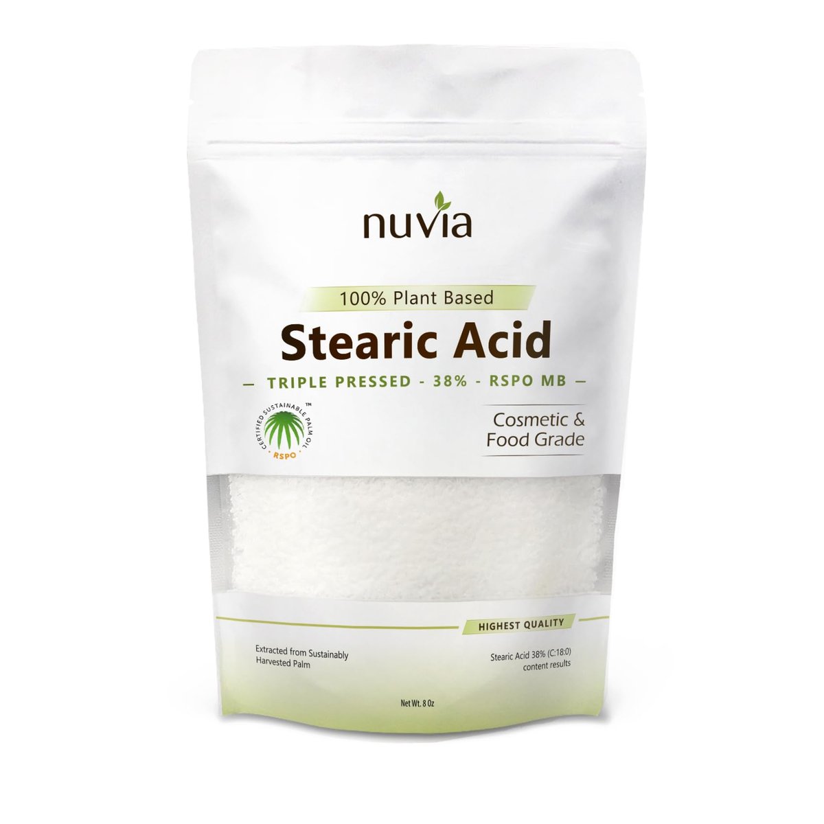Stearinsäure - 100% pflanzlich, Lebensmittelqualität, dreifach gepresst, zertifiziert nachhaltig, von Nuvia Organics; 227 g