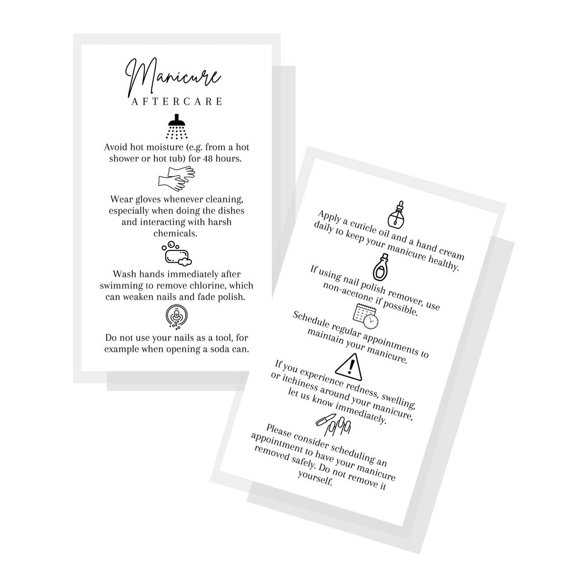 Maniküre-Pflegehinweiskarten | 50 Stück | Visitenkartengröße Nagelpflege-Handout für Nagelpflege nach Maniküre oder Pediküre | Schwarzes und weißes Design | So schützen Sie Ihre Maniküre