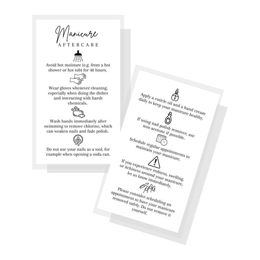 Maniküre-Pflegehinweiskarten | 50 Stück | Visitenkartengröße Nagelpflege-Handout für Nagelpflege nach Maniküre oder Pediküre | Schwarzes und weißes Design | So schützen Sie Ihre Maniküre