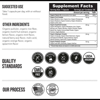 Bio Vitamin D3 5.000 IE – 100 % Vollwertkost & pflanzliches Cholecalciferol, veganes Vitamin D – angereichert mit Präbiotika & Superfood-Komplex – Bio, vegan, ohne Gentechnik & glutenfrei (60 Kapseln)