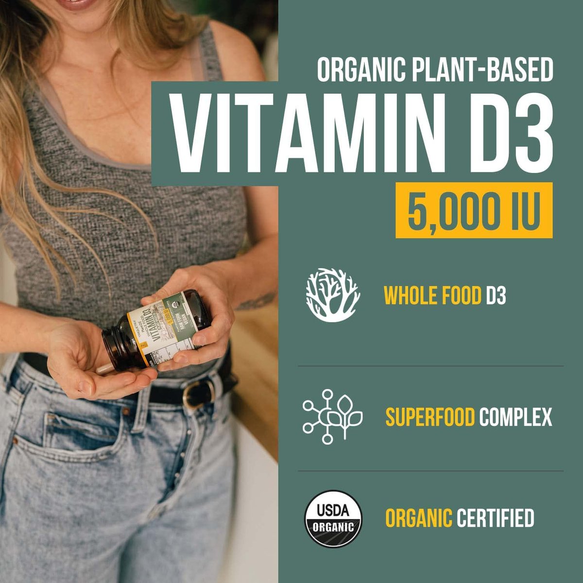 Bio Vitamin D3 5.000 IE – 100 % Vollwertkost & pflanzliches Cholecalciferol, veganes Vitamin D – angereichert mit Präbiotika & Superfood-Komplex – Bio, vegan, ohne Gentechnik & glutenfrei (60 Kapseln)