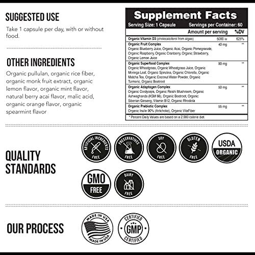 Bio Vitamin D3 5.000 IE – 100 % Vollwertkost & pflanzliches Cholecalciferol, veganes Vitamin D – angereichert mit Präbiotika & Superfood-Komplex – Bio, vegan, ohne Gentechnik & glutenfrei (60 Kapseln)