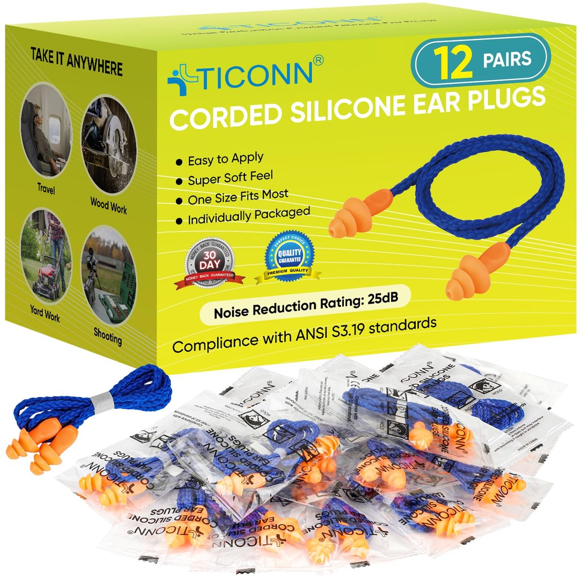 TICONN 12 Paar wiederverwendbare Silikon-Ohrstöpsel zum Schlafen, Geräuschunterdrückung, einzeln verpackt, 25 dB NRR, mit Kordel, für Studium, Konzentration, Reisen (12 Paar)
