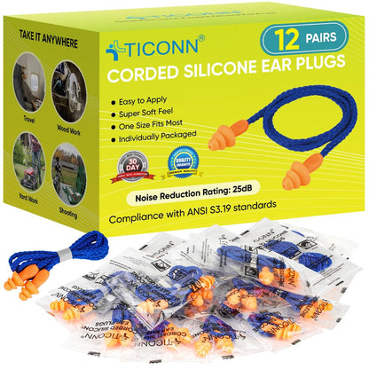 TICONN 12 Paar wiederverwendbare Silikon-Ohrstöpsel zum Schlafen, Geräuschunterdrückung, einzeln verpackt, 25 dB NRR, mit Kordel, für Studium, Konzentration, Reisen (12 Paar)
