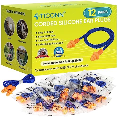 TICONN 12 Paar wiederverwendbare Silikon-Ohrstöpsel zum Schlafen, Geräuschunterdrückung, einzeln verpackt, 25 dB NRR, mit Kordel, für Studium, Konzentration, Reisen (12 Paar)
