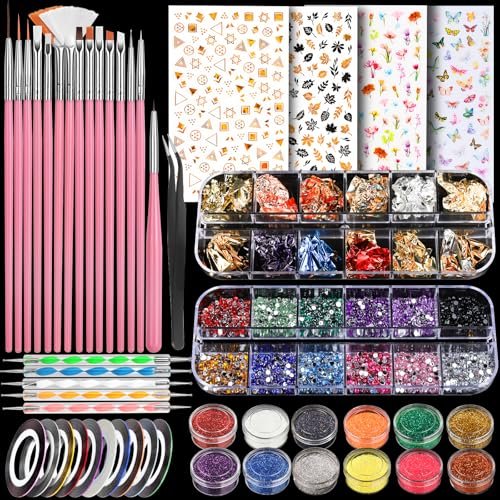 Teenitor Nagelkunst-Pinsel-Set – Nageldesign-Werkzeug mit Aufklebern, Strasssteinen & Dotting-Tools – Komplettes Nagelkunst-Set für Anfänger & Profis (Pink)