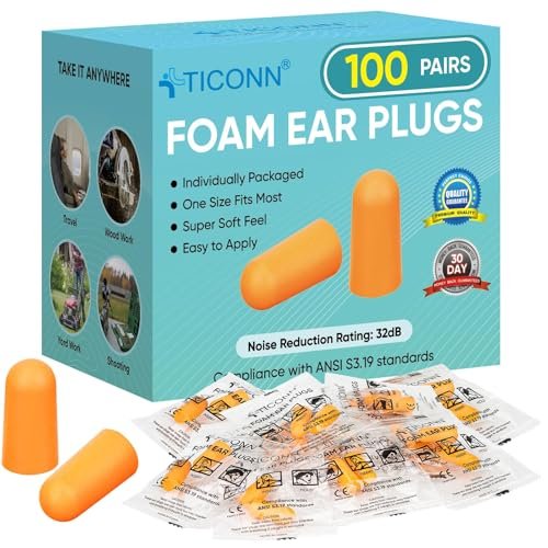 TICONN 100 Paar Schaumstoff-Ohrstöpsel, einzeln verpackt, 32 dB NRR Geräuschreduzierung für Schlafen, Arbeit, Reisen, Konzentration, Baustelle