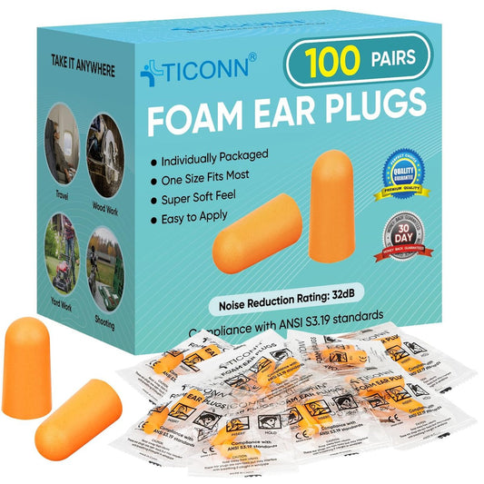 TICONN 100 Paar Schaumstoff-Ohrstöpsel, einzeln verpackt, 32 dB NRR Geräuschreduzierung für Schlafen, Arbeit, Reisen, Konzentration, Baustelle
