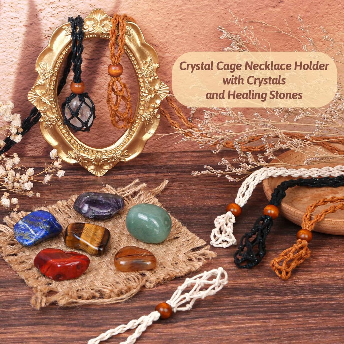 Evatage Kristall-Anhänger-Set mit 7 Chakra-Heilsteinen – 6 verstellbare Kristallkäfige für Yoga, Meditation, Schmuck und Wohnkultur