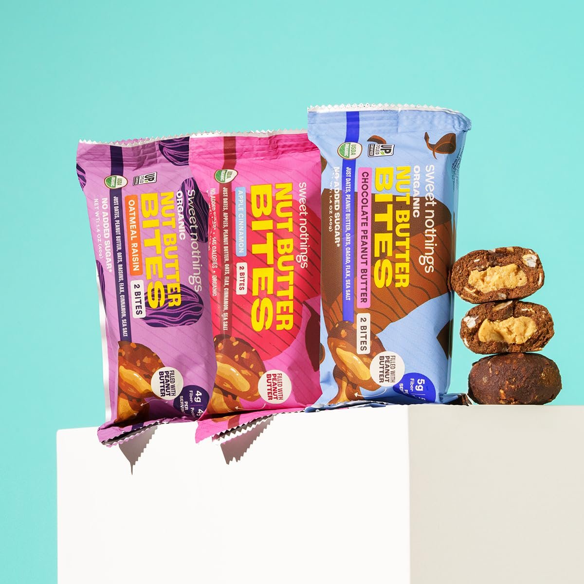 Sweet Nothings Bio-Nussbutter-Bissen, Sortenpaket: Schokolade, Apfel-Zimt & Haferflocken-Rosinen – 6 Beutel (2 pro Sorte), kein Zuckerzusatz, Ballaststoffquelle, nur 7 Zutaten
