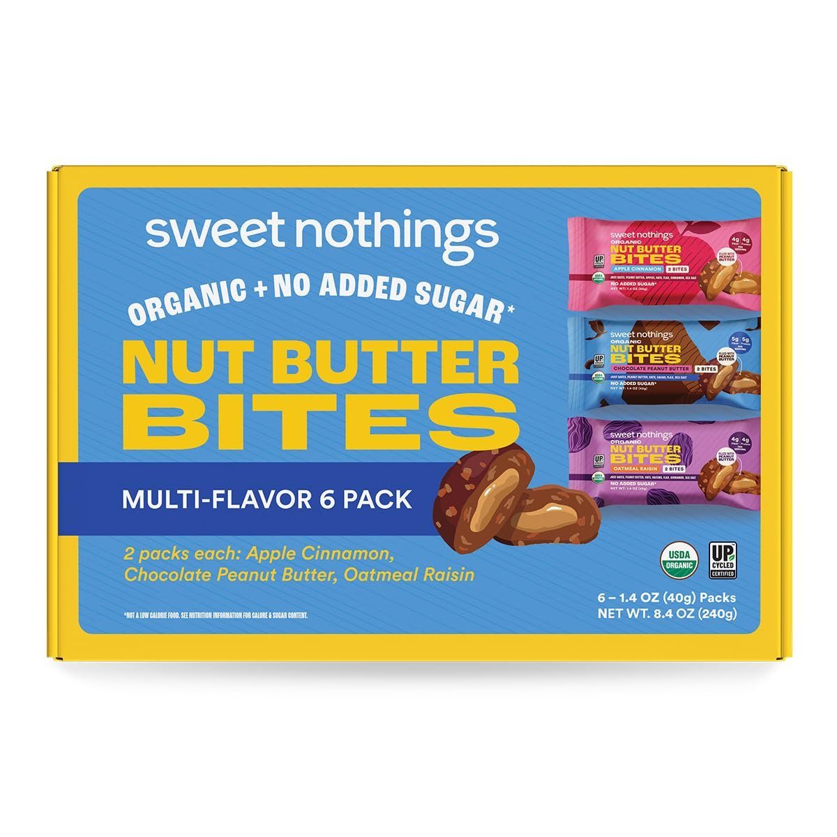 Sweet Nothings Bio-Nussbutter-Bissen, Sortenpaket: Schokolade, Apfel-Zimt & Haferflocken-Rosinen – 6 Beutel (2 pro Sorte), kein Zuckerzusatz, Ballaststoffquelle, nur 7 Zutaten