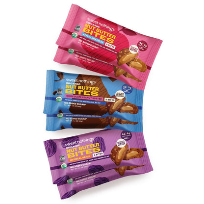 Sweet Nothings Bio-Nussbutter-Bissen, Sortenpaket: Schokolade, Apfel-Zimt & Haferflocken-Rosinen – 6 Beutel (2 pro Sorte), kein Zuckerzusatz, Ballaststoffquelle, nur 7 Zutaten